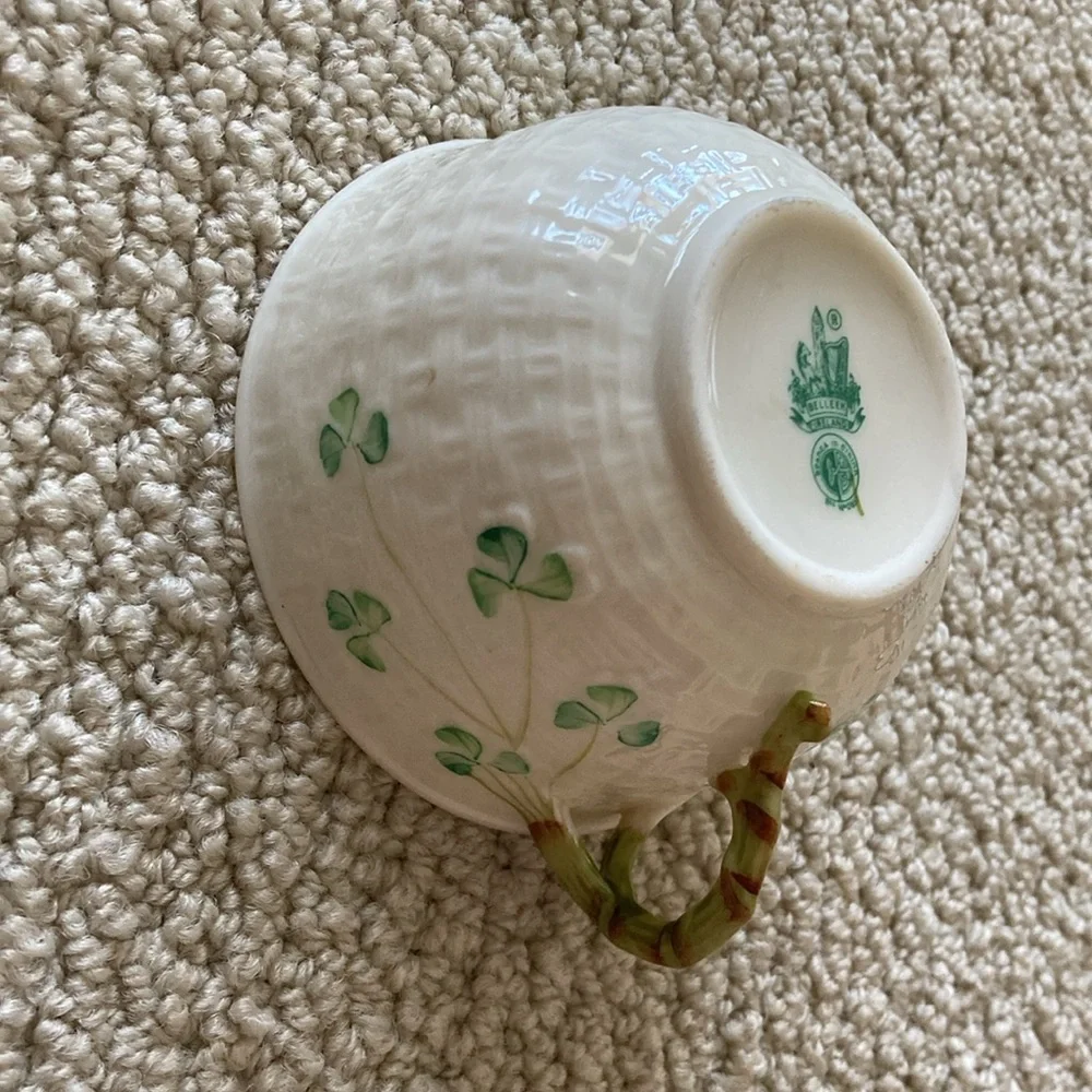 Belleek Small Tea Cup Saucer Green Cream Setting Vintage Ireland Like New
